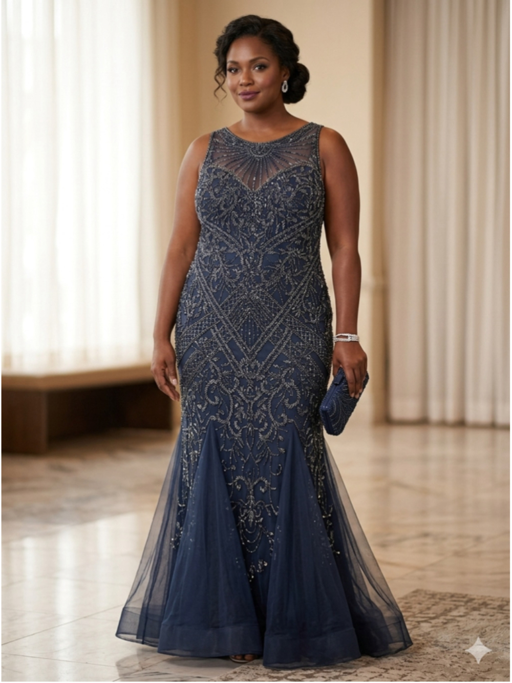 Ivonne D Navy Beaded Mermaid Gown Mother of the Bride Formal Evening Dress.